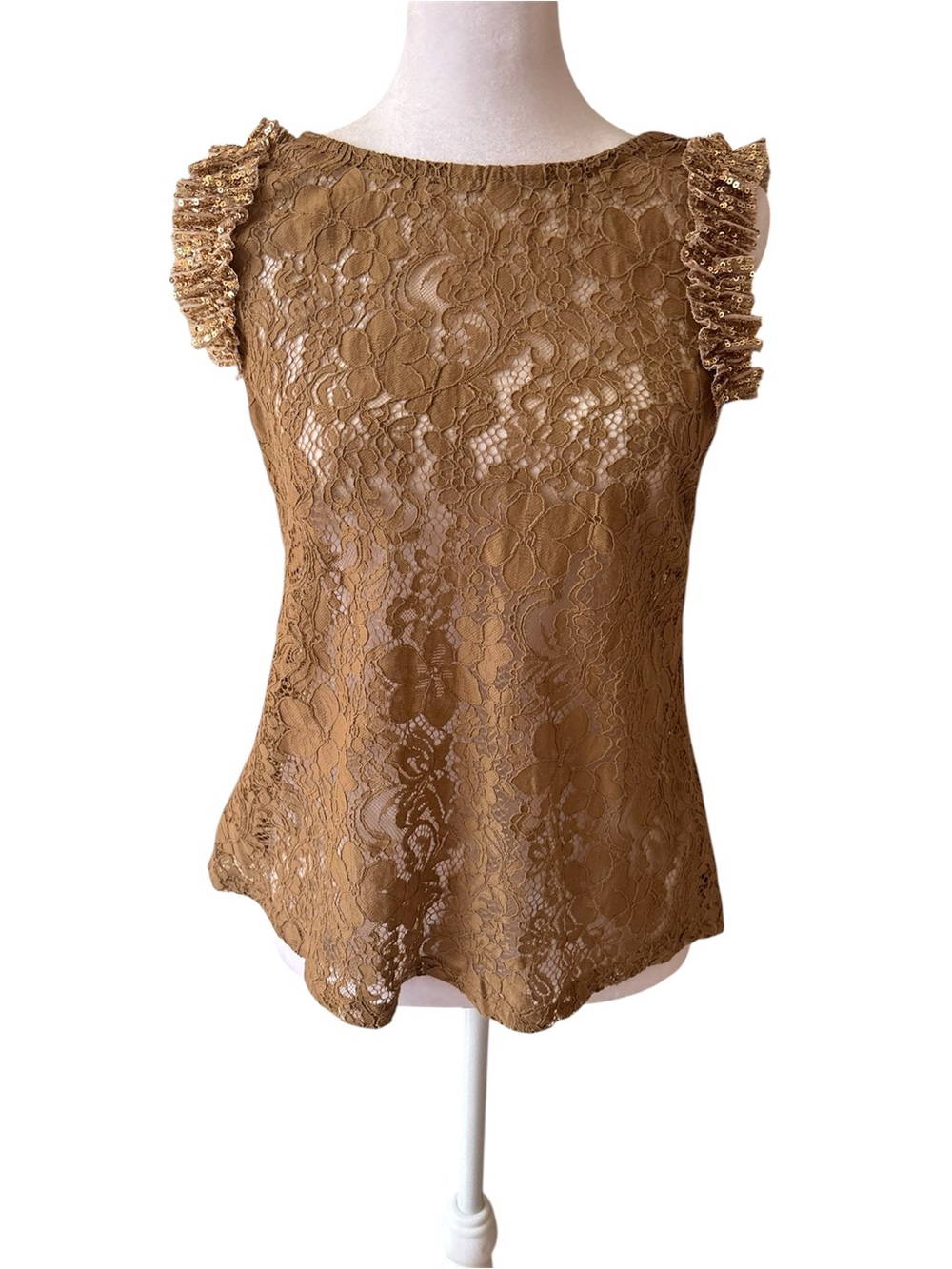 Elegant Women’s Lace Ruffle Sleeve Shell Top - Brown( Bought in Spain)